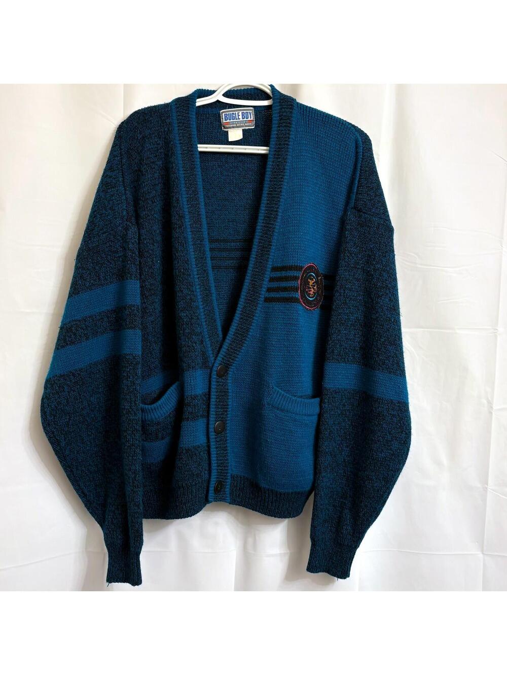 Vintage Bugle Boy Men's Medium? Cardigan Sweater Blue Black Global Challenge